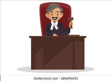 Judge is sitting on a chair in front of the table and holding a hammer in hand. Vector graphic illustration. Individually on white background.