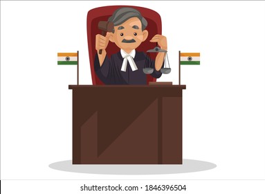 Judge is sitting on a chair holding a hammer and scales in hands. Vector graphic illustration. Individually on white background.