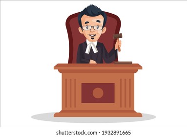 Judge is sitting on a chair and holding hammer in hand. Vector graphic illustration. Individually on a white background.