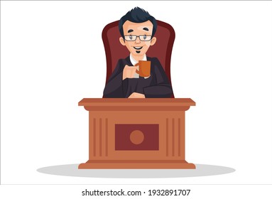 Judge is sitting on a chair and holding a tea cup in hand. Vector graphic illustration. Individually on a white background.