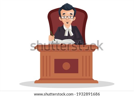 Judge is sitting on chair and writing on a notebook. Vector graphic illustration. Individually on white a background.
