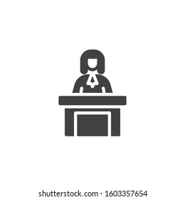 Judge sitting at the table vector icon. filled flat sign for mobile concept and web design. Judge man court worker glyph icon. Justice and law symbol, logo illustration. Vector graphics