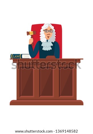 Judge Sitting at Wooden Table Flat Illustration. Court Head Holding Ceremonial Gavel, Mallet. Cartoon Magistrate Reaching Verdict, Choosing Punishment Isolated Character. Courthouse Worker Wearing Wig