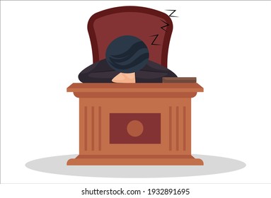 Judge is sleeping on the desk. Vector graphic illustration. Individually on white a background.