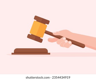 The judge strikes with the gavel. Hand holds wooden hammer. Judgment and law concept. Vector illustration in a trendy flat style.