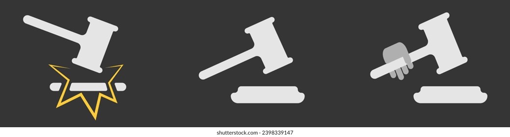 Conjunto de símbolos de juez. El martillo del juez. Juego de iconos de Justicia. Concepto de sistema jurídico. Icono del abogado. Ilustración vectorial.