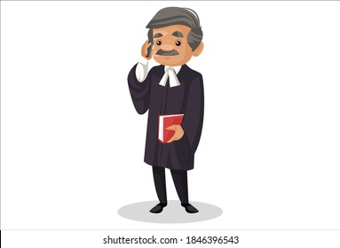 Judge is talking on a mobile phone and holding a book in hand. Vector graphic illustration. Individually on white background.