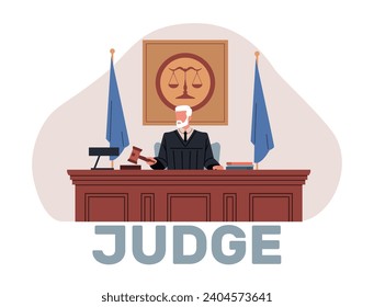 Judge in traditional black robe pronounces sentence. Man holding hammer sitting courtroom trial or tribunal. Male character make verdict in court. Cartoon flat isolated vector concept