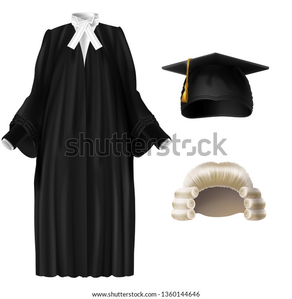 白い背景に判事 大学教授 卒業式服の写実的なベクター画像セット 木の小槌 黒いネクタイのコートドレス 四角い学術用帽子のイラスト のベクター画像素材 ロイヤリティフリー Shutterstock