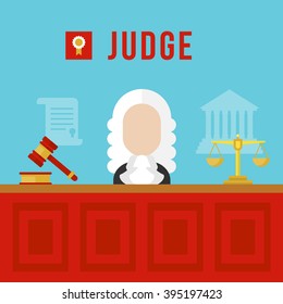 Judge vector illustration. Judge man in courtroom. Judge with hammer, tribunal and gavel. Judge flat. Judge bright banner, 