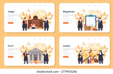 Judge web banner or landing page set. Court worker stand for justice and law. Judge in traditional black robe. Judgement and punishment idea. Isolated flat vector illustration