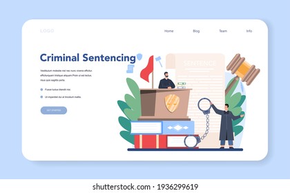 Judge web banner or landing page. Court worker stand for justice and law.