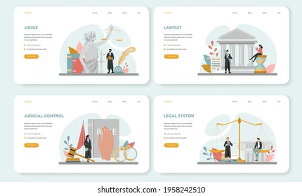 Judge web banner or landing page set. Court worker stand for justice