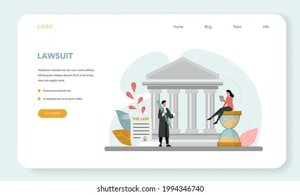 Judge web banner or landing page. Court worker stand for justice and law. Judge in traditional black robe hearing a case and sentencing. Judgement and punishment idea. Flat vector illustration