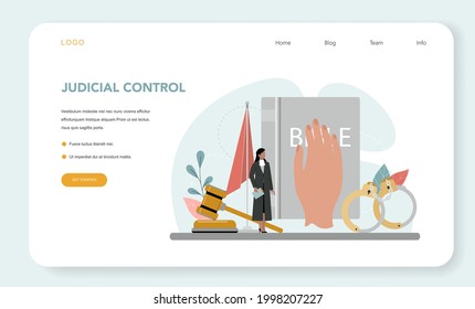 Judge web banner or landing page. Court worker stand for justice and law. Judge in traditional black robe hearing a case and sentencing. Judgement and punishment idea. Flat vector illustration