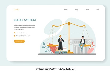 Judge web banner or landing page. Court worker stand for justice and law. Judge in traditional black robe hearing a case and sentencing. Judgement and punishment idea. Flat vector illustration