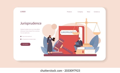 Judge web banner or landing page. Court worker stand for justice and law. Judge in traditional black robe hearing a case and sentencing. Judgement and punishment idea. Flat vector illustration