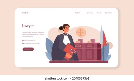 Judge web banner or landing page. Court worker stand for justice and law. Judge in traditional black robe hearing a case and sentencing. Judgement and punishment idea. Flat vector illustration