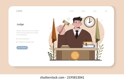 Judge Web Banner Or Landing Page. Court Worker Stand For Justice And Law. Judge In Traditional Black Robe Hearing A Case And Sentencing. Judgement And Punishment Idea. Flat Vector Illustration