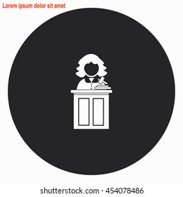 Judge web icon. Gray circle button with white illustration.
