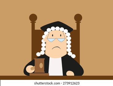 Judge In Wig, Glasses And Mantle Pounding Gavel In Courtroom And Makes Verdict, For Low And Justice Concept Design, Cartoon Flat Style