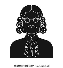 A judge in a wig and glasses. A person who makes a verdict to a criminal.Prison single icon in black style vector symbol stock illustration.