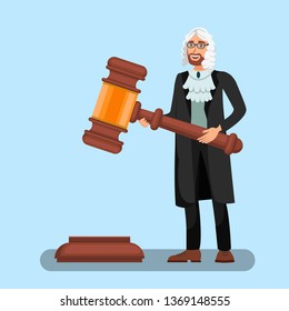 Judge in Wig Holding Big Gavel Flat Illustration. Court System Metaphor. Litigation Process, Procedure Symbol. Male Magistrate in Gown with Ceremonial Mallet, Hammer Isolated Character