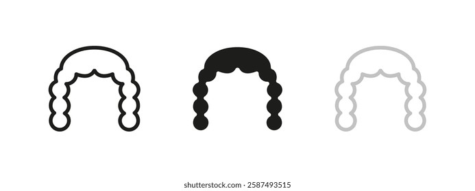 Judge wig icon. Traditional law headwear for courtroom authority. Classic judicial wig vector illustration. Legal profession and justice system representation. Historical barrister wig used in courts.