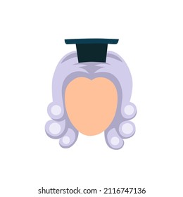 Judge Wig. Judge's Head In A Light Coloured Wig With A Cap. Icon, Clipart For Website, Application About Justice, Justice, Court, Case Management. Vector Flat Illustration, Cartoon Style.