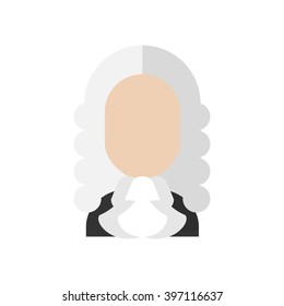 Vector realistic black court dress with sleeves, white wing collar, long  wig with curls isolated on background. Judicial gown with periwig, uniform  for judges and barristers, formal clothing Stock Vector