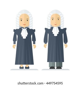 Judge a wig, man and a woman. Characteristic for the process of the court and the protection rights of citizen. Objects isolated on white background. Flat cartoon vector illustration.
