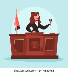 Judge woman in the courtroom. Female character in uniform. Law and justice profession. Lady holding gavel. Vector illustration in cartoon style