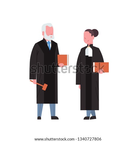 judge woman man couple court workers in judicial robe holding book and hummer low justice professional occupation concept cartoon characters full length white background flat