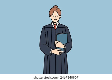 Judge woman in robe stands with book in hands, inviting to participate in meeting and make verdict based on law and justice. Girl judge is ready to work on arbitration or resolve legal conflicts