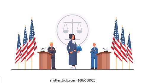 judge woman standing in front of men republican and democrat United States presidential election debate of president voting concept horizontal full length vector illustration