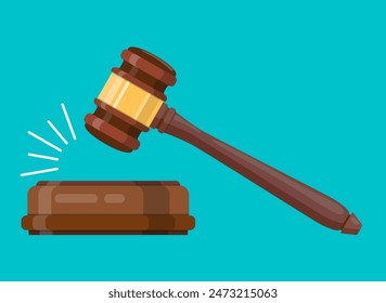 Judge wood hammer. Ceremonial mallet for auction, judgment. Web site page and mobile app design. Vector illustration in flat design