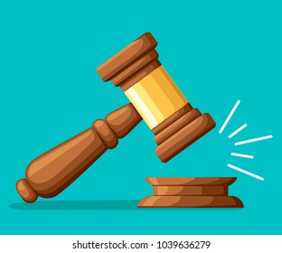 Judge wood hammer. Gavel in cartoon style. Ceremonial mallet for auction, judgment. Vector illustration isolated on turquoise background. Web site page and mobile app design