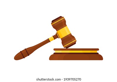 Judge Wood Hammer's auction, court. Wooden judicial ceremonial gavel of the chairman with a figured handle, for passing sentences and bills, court, justice, with a wooden stand. Isolated on a white ba