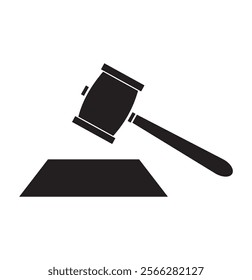 Judge wooden black gavel icon with a stand. Hammer justice symbol. Concept of adjudication of sentences and bills, court, justice, auction. Vector illustration