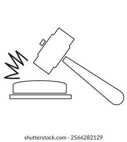 Judge wooden black gavel icon with a stand. Hammer justice symbol. Concept of adjudication of sentences and bills, court, justice, auction. Vector illustration