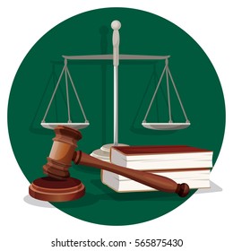 Judge wooden gavel, grey scale and two books on round green label on white. Traditional elements in flat style in court for judge and lawyer. Vector collection of thing for making right sentence