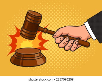 juzgue la imagen del vector de pinup de gavel de madera de pinup pop art retro. La imitación al estilo de un libro de historietas.