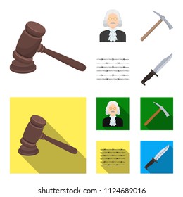 Judge, wooden hammer, barbed wire, pickaxe. Prison set collection icons in cartoon,flat style vector symbol stock illustration web.