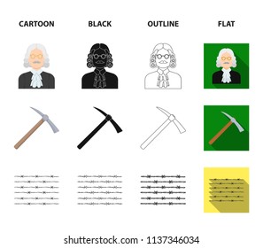 Judge, wooden hammer, barbed wire, pickaxe. Prison set collection icons in cartoon,black,outline,flat style vector symbol stock illustration web.