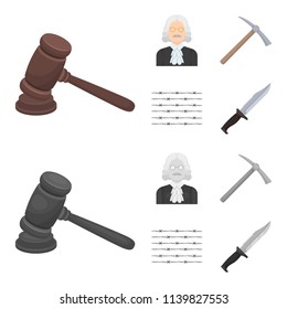 Judge, wooden hammer, barbed wire, pickaxe. Prison set collection icons in cartoon,monochrome style vector symbol stock illustration web.