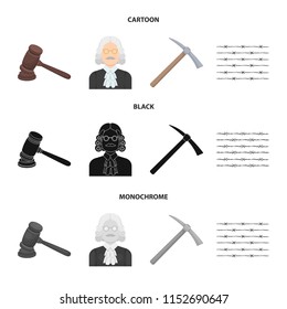 Judge, wooden hammer, barbed wire, pickaxe. Prison set collection icons in cartoon,black,monochrome style vector symbol stock illustration web.