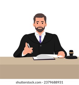 Judge working at his desk in court. Flat vector illustration isolated on white background