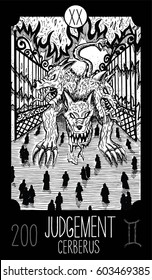Judgement. 20 Major Arcana Tarot Card. Cerberus. Fantasy engraved line art illustration. Engraved vector drawing. See all collection in my portfolio set. 