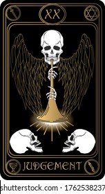 Judgement. The 20th card of Major arcana black and gold tarot cards. Tarot deck. Vector hand drawn illustration with skulls, occult, mystical and esoteric symbols.