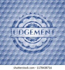 Judgement blue badge with geometric pattern background.